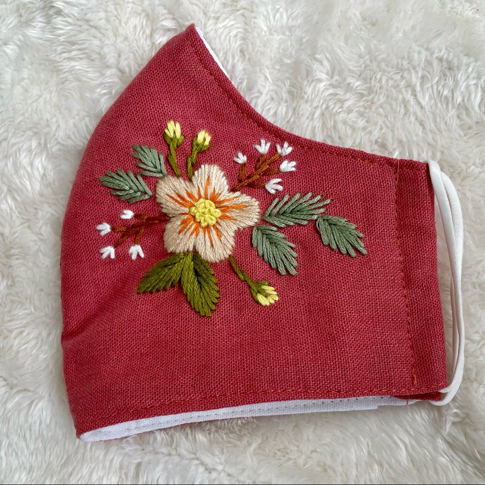 Pure linen face mask - hand embroidered- Light Brown